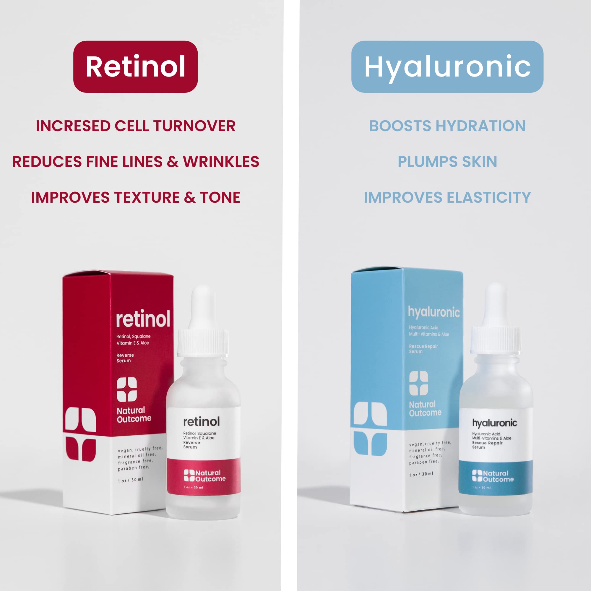 Natural Outcome Hydrating Hyaluronic Acid Serum and Retinol Facial Serum - Night and Day Anti Aging Facial Serum Set 1 oz Each, Vegan, Cruelty Free & Fragrance Free